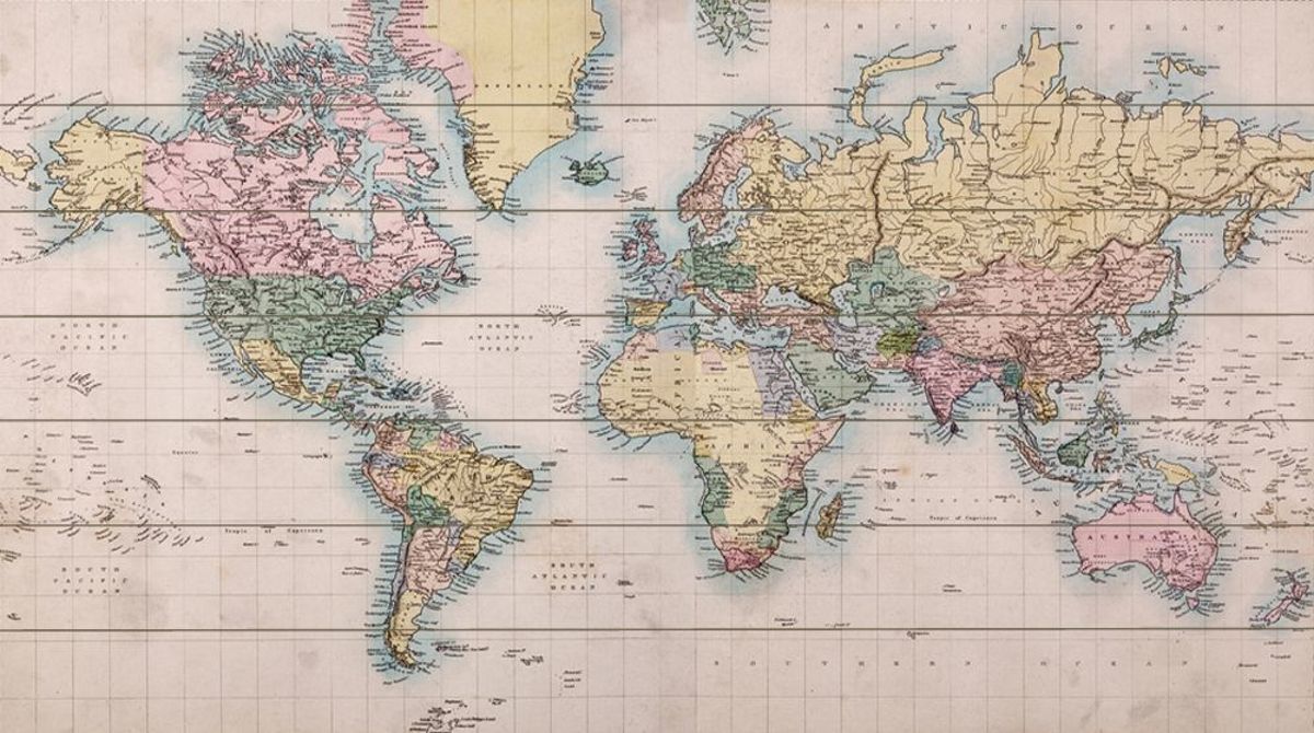 Wereldkaart op Hout Antiek | 105cm x 60cm | Met 100 gratis koperen pins